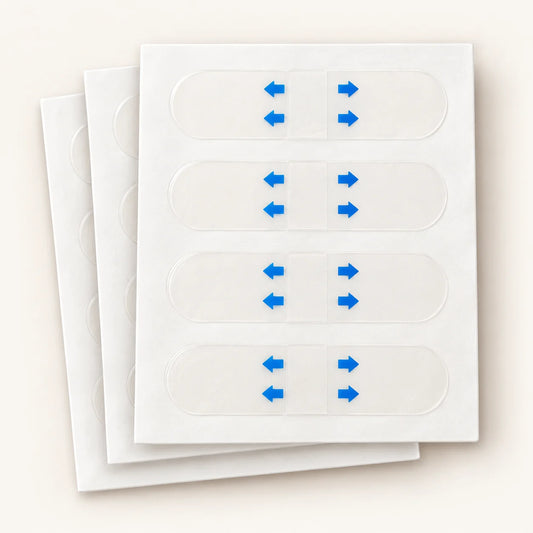Clear face-lifting strips on staggered white backing sheets with blue-arrow protective liners.