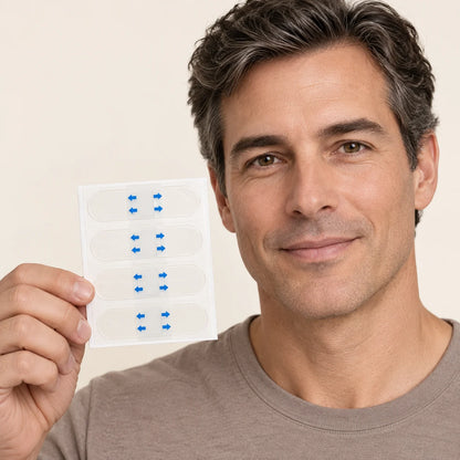 Man holding a sheet of clear face-lifting strips beside his face.