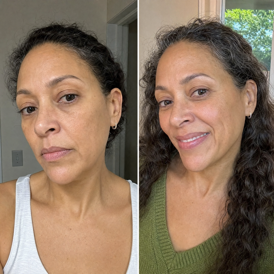Customer 11 of 15, before on the left and wearing the clear face-lifting strips on the right.
