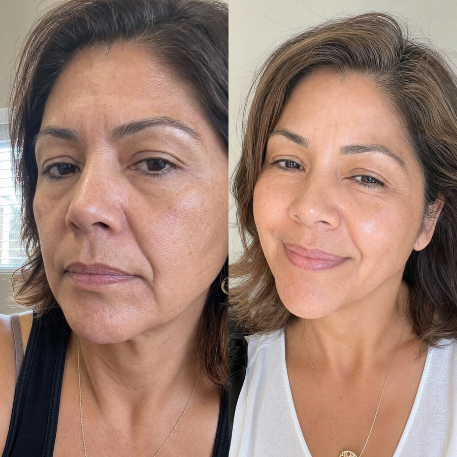 Customer 15 of 15, before on the left and wearing the clear face-lifting strips on the right.