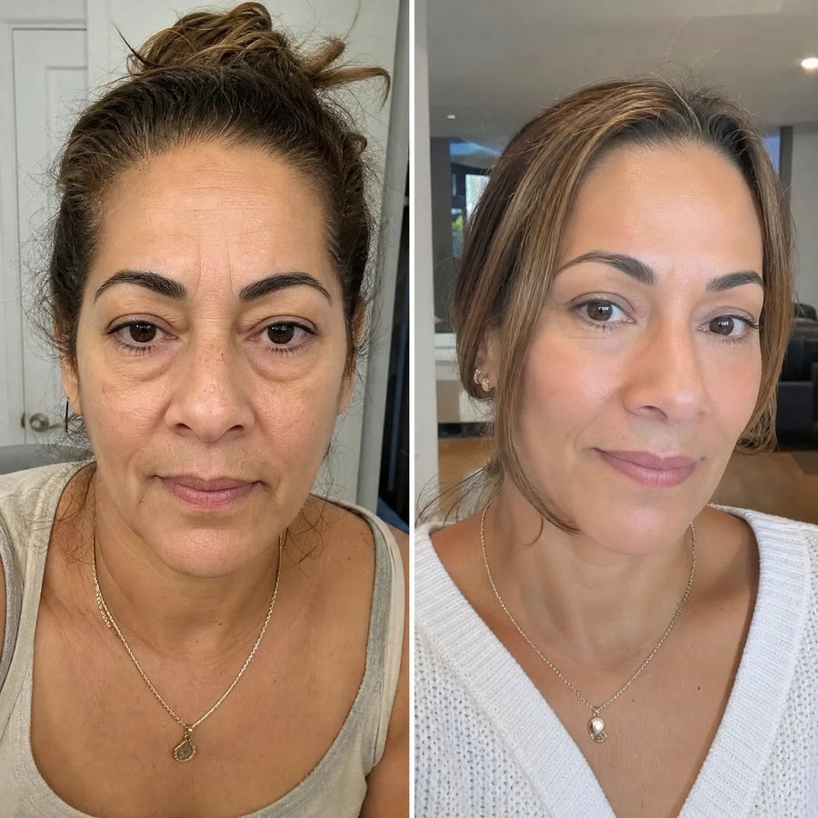 Customer 1 of 15, before on the left and wearing the clear face-lifting strips on the right.