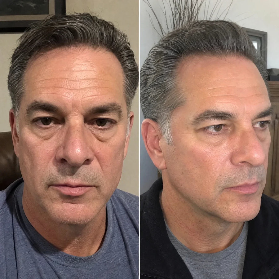 Customer 4 of 15, before on the left and wearing the clear face-lifting strips on the right.