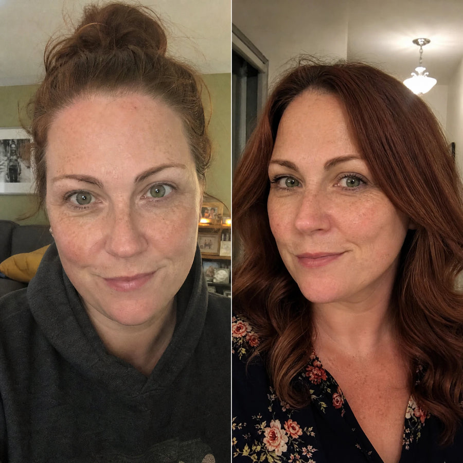 Customer 7 of 15, before on the left and wearing the clear face-lifting strips on the right.