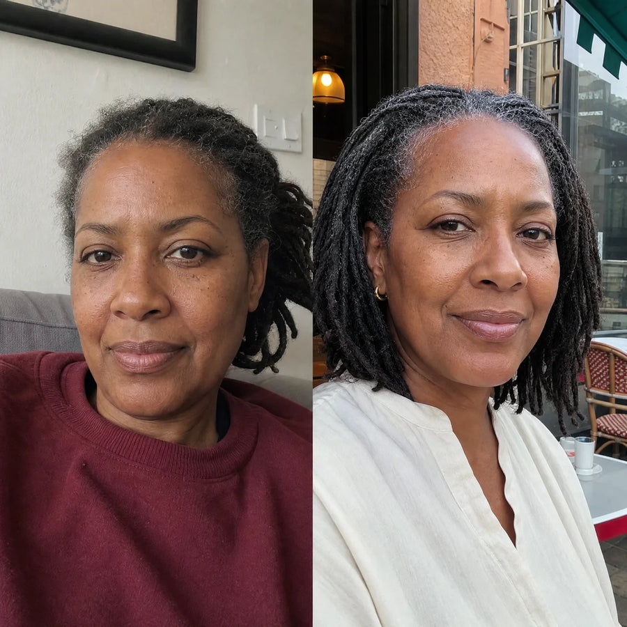 Customer 8 of 15, before on the left and wearing the clear face-lifting strips on the right.
