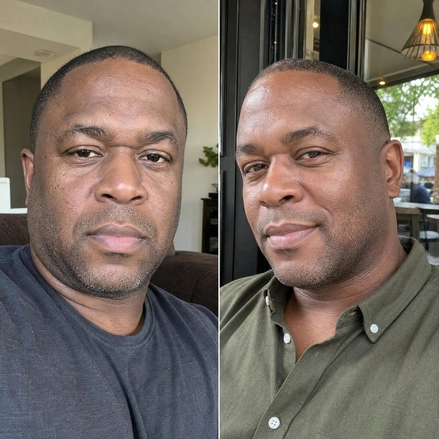 Customer 9 of 15, before on the left and wearing the clear face-lifting strips on the right.