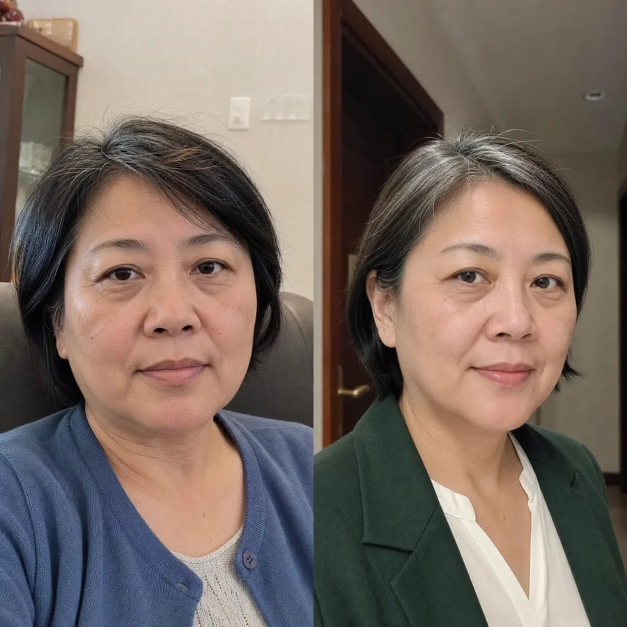 Customer 14 of 15, before on the left and wearing the clear face-lifting strips on the right.