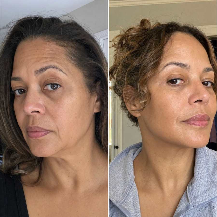 Customer 5 of 15, before on the left and wearing the clear face-lifting strips on the right.