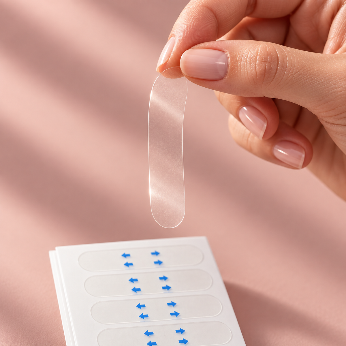 A clear face-lifting strip held between two fingers above its sheet.