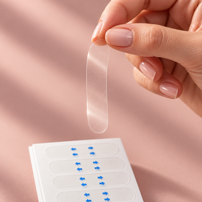 A clear face-lifting strip held between two fingers above its sheet.