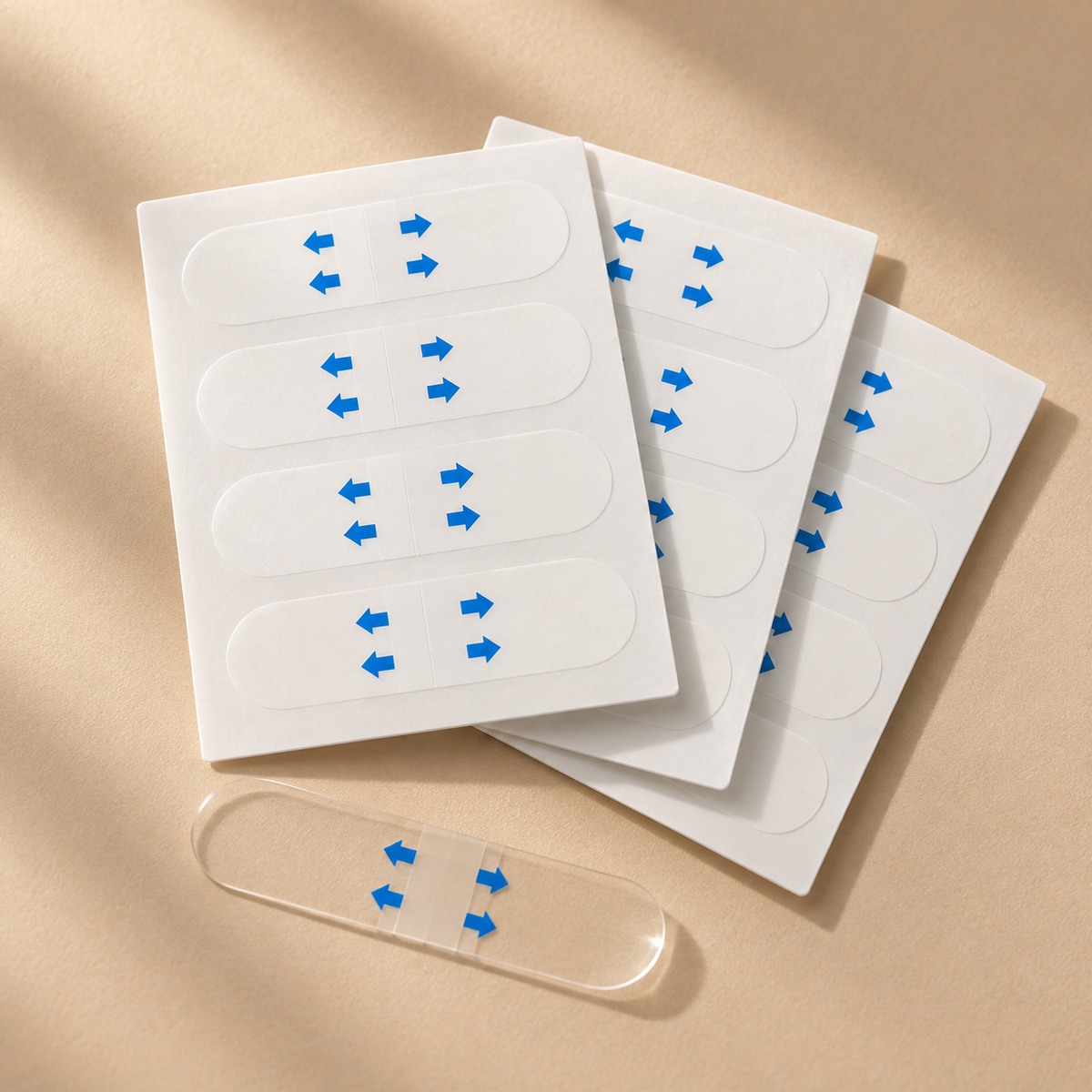 Three fanned sheets of clear face-lifting strips.